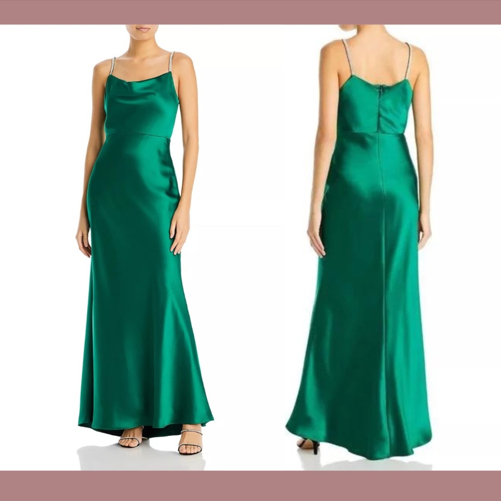 NEW $298 Aqua [ 2 ] Cowl Neck Embellished Straps Gown‎ in Emerald Green